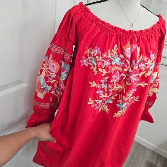 Free People Off Shoulder Embroidered Boho Dress S Red Floral Festival Gypsy Chic - Picture 4 of 12